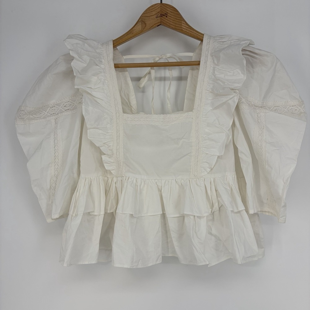 By The River Peasant Top S Cropped Festival Tiered Ruffled Shirt White Cottage